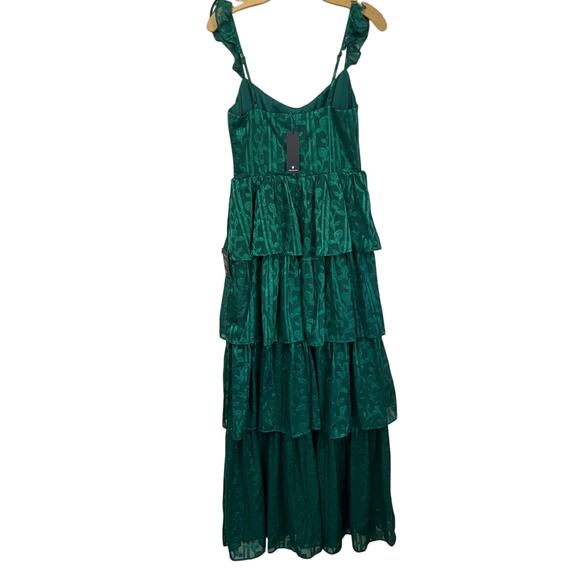 Lulus Glory Hunter Green Floral Jacquard Tiered Maxi Dress NWT Sz S - Picture 2 of 11